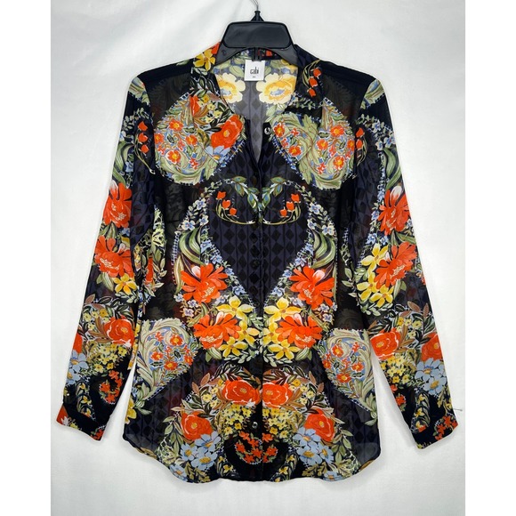 CAbi Tops - Cabi Amour Floral Diamond Print Sheer Blouse Multicolor Button Front Top Sz S